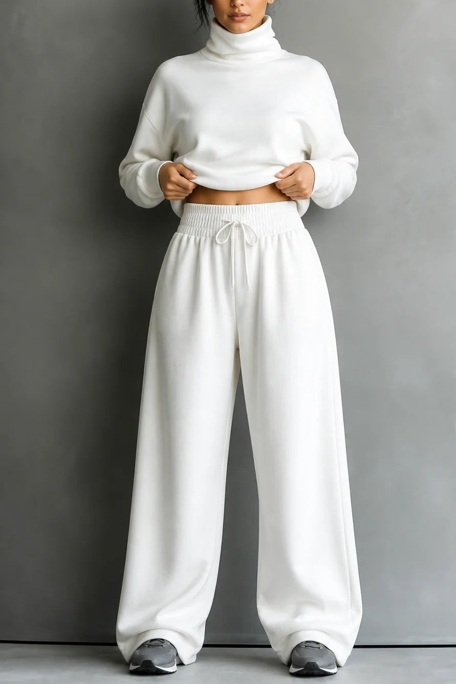 White Women's Turtleneck Pants Set with Wide-Leg Silhouette & Cozy Knit Feel