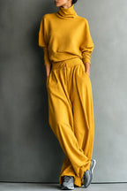 Yellow Women's Turtleneck Pants Set with Wide-Leg Silhouette & Cozy Knit Feel