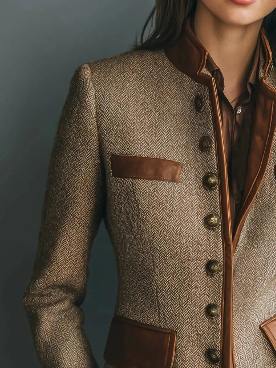 Brown Women's Herringbone Tweed Blazer with Leather Trim & Button-Front Closure — Livia - Close Up Buttons