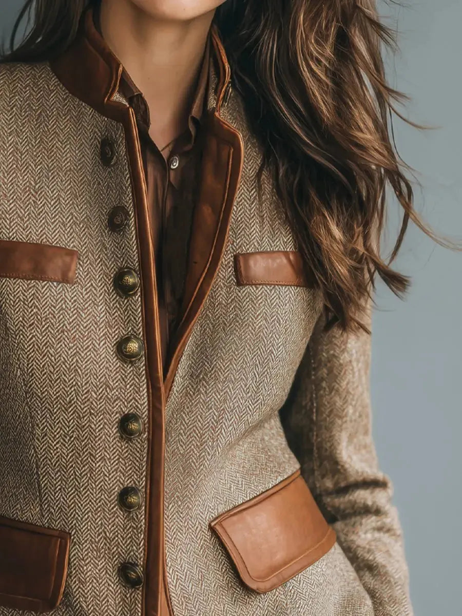 Brown Women's Herringbone Tweed Blazer with Leather Trim & Button-Front Closure — Livia - Side Detail