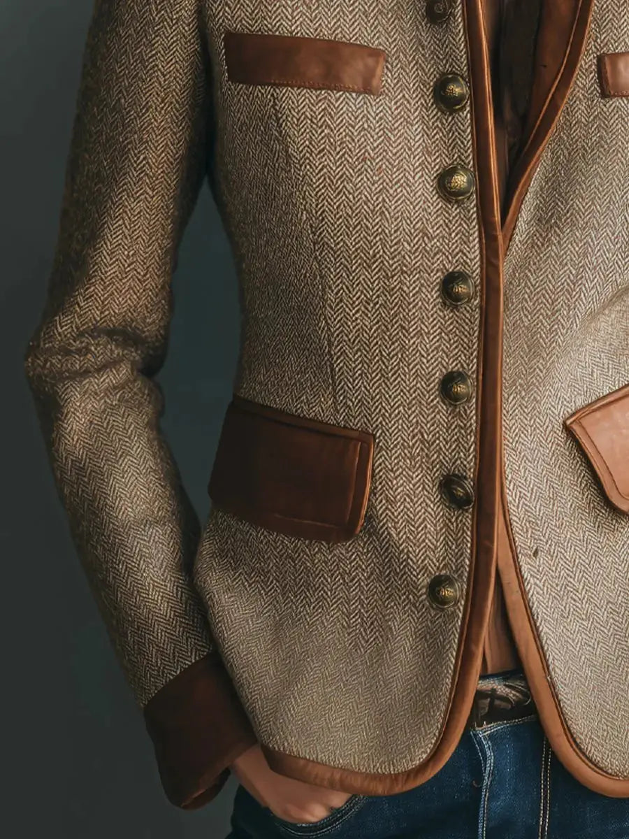 Brown Women's Herringbone Tweed Blazer with Leather Trim & Button-Front Closure — Livia - Sleeve Pocket Detail