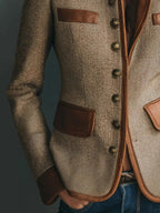 Brown Women's Herringbone Tweed Blazer with Leather Trim & Button-Front Closure — Livia - Sleeve Pocket Detail