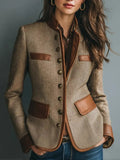 Women's Herringbone Tweed Blazer with Leather Trim & Button-Front Closure — Livia