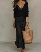 Black Women's Two Piece Midi Dress Set with V-Neck Satin Slip & Oversized Sweater — Niamh
