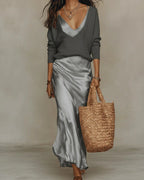Grey Women's Two Piece Midi Dress Set with V-Neck Satin Slip & Oversized Sweater — Niamh