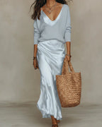 Light Blue Women's Two Piece Midi Dress Set with V-Neck Satin Slip & Oversized Sweater — Niamh