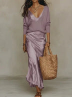 Purple Women's Two Piece Midi Dress Set with V-Neck Satin Slip & Oversized Sweater — Niamh - Full Body Pose