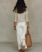 White Women's Two Piece Midi Dress Set with V-Neck Satin Slip & Oversized Sweater — Niamh - Back Full View