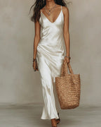 White Women's Two Piece Midi Dress Set with V-Neck Satin Slip & Oversized Sweater — Niamh - Dress Only Front