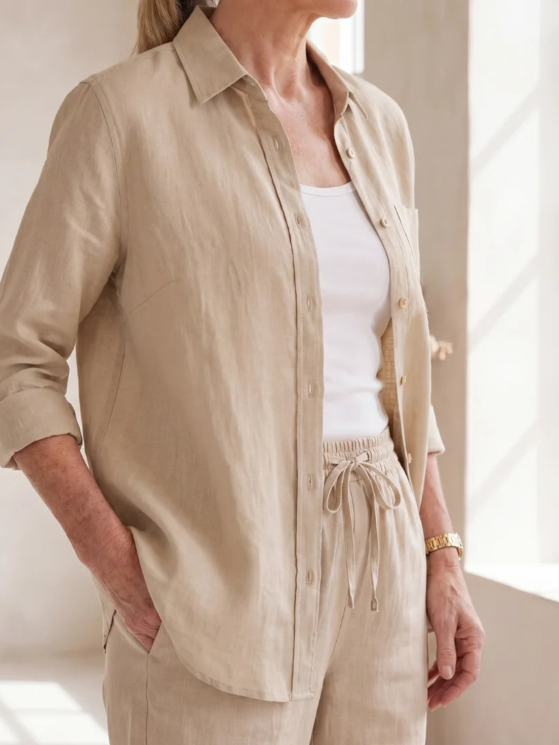 Beige Women's Two-Piece Set With Tapered Pants — Faye Lightweight Linen Button-Front - Close Up Collar