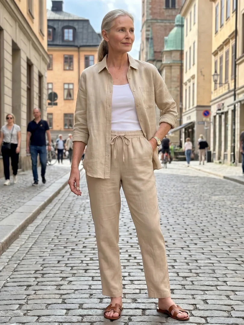 Beige Women's Two-Piece Set With Tapered Pants — Faye Lightweight Linen Button-Front - Cobblestone Pose