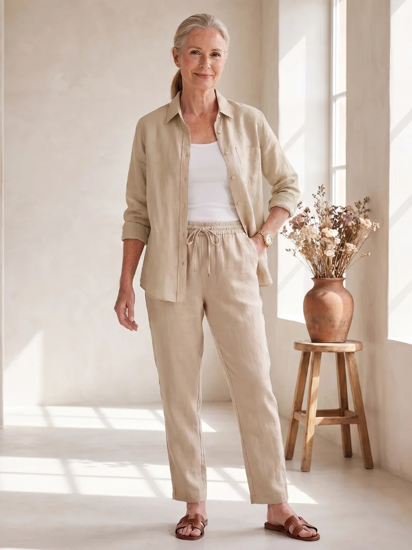 Beige Women's Two-Piece Set With Tapered Pants — Faye Lightweight Linen Button-Front - Front Pose