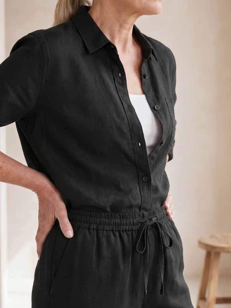 Black Women's Two-Piece Set With Tapered Pants — Faye Lightweight Linen Button-Front - Close Up Buttons
