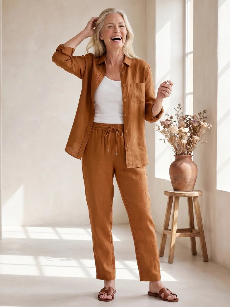 Brown Women's Two-Piece Set With Tapered Pants — Faye Lightweight Linen Button-Front - Candid Pose