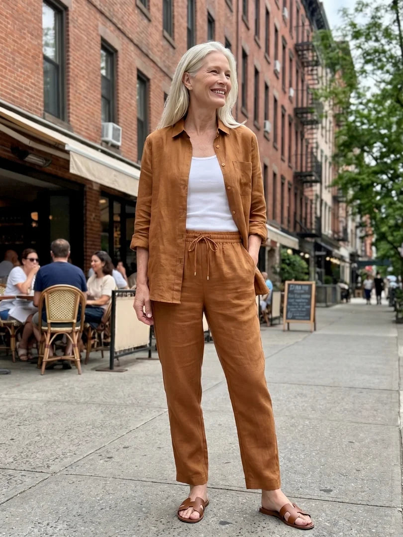 Brown Women's Two-Piece Set With Tapered Pants — Faye Lightweight Linen Button-Front - Street Style