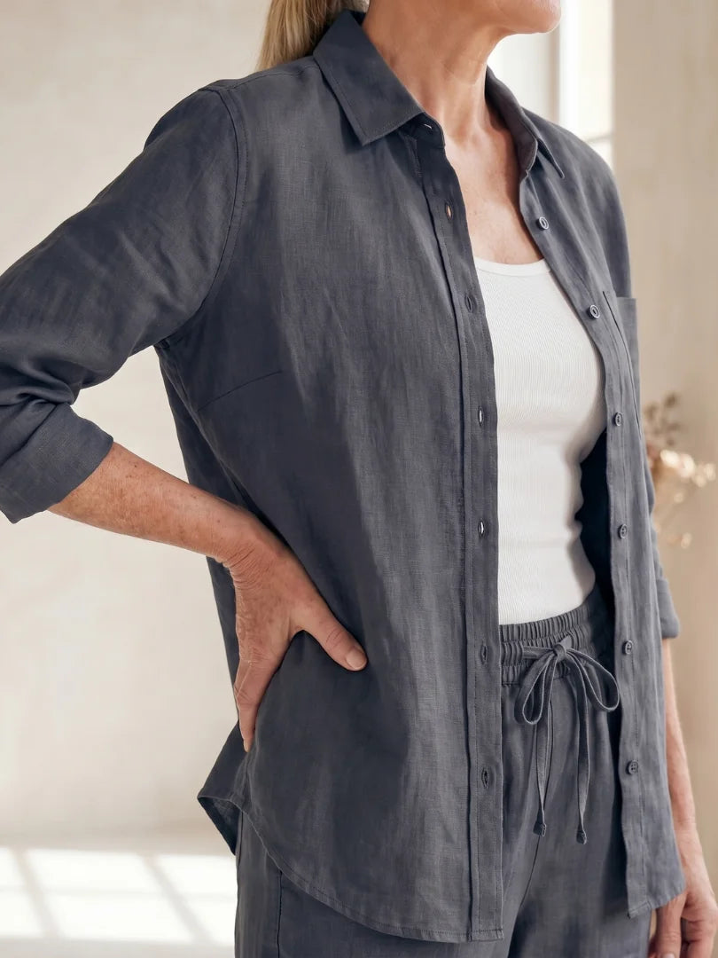 Gray Women's Two-Piece Set With Tapered Pants — Faye Lightweight Linen Button-Front - Close Up Waist