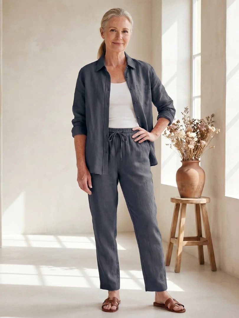 Gray Women's Two-Piece Set With Tapered Pants — Faye Lightweight Linen Button-Front - Front View