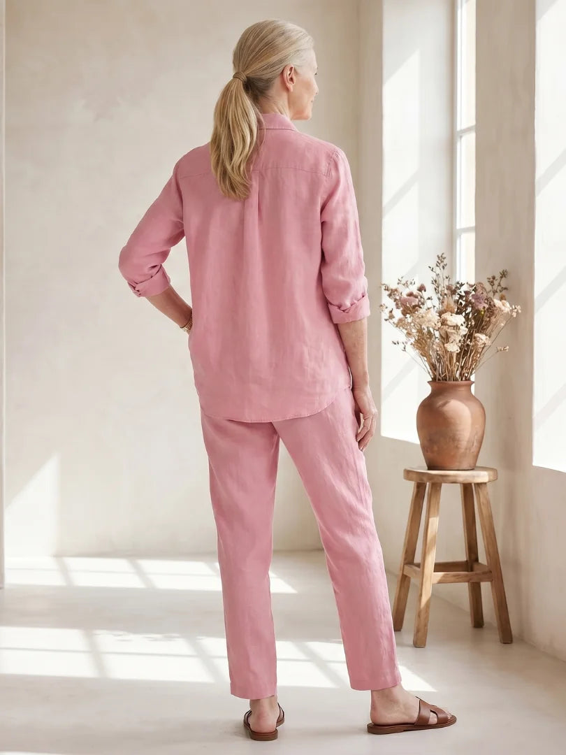 Pink Women's Two-Piece Set With Tapered Pants — Faye Lightweight Linen Button-Front - Back Detail