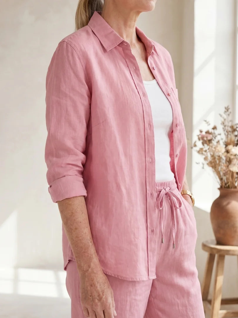 Pink Women's Two-Piece Set With Tapered Pants — Faye Lightweight Linen Button-Front - Close Up Neckline