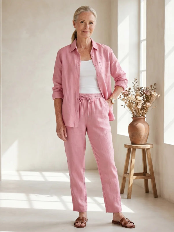 Pink Women's Two-Piece Set With Tapered Pants — Faye Lightweight Linen Button-Front - Front Full
