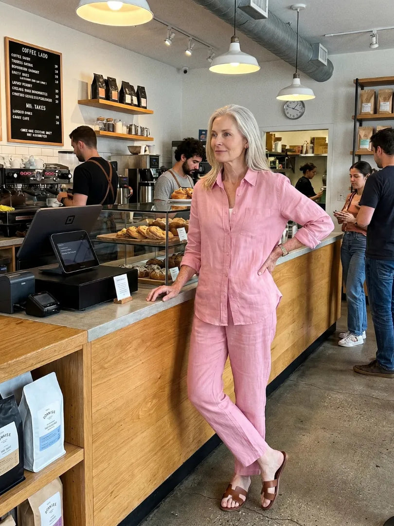 Pink Women's Two-Piece Set With Tapered Pants — Faye Lightweight Linen Button-Front - Worn Lifestyle