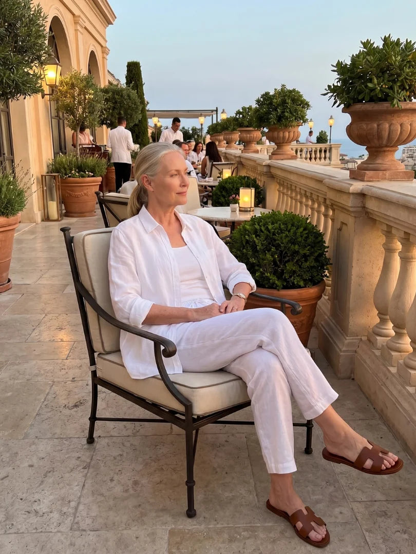 White Women's Two-Piece Set With Tapered Pants — Faye Lightweight Linen Button-Front - Seated Lifestyle