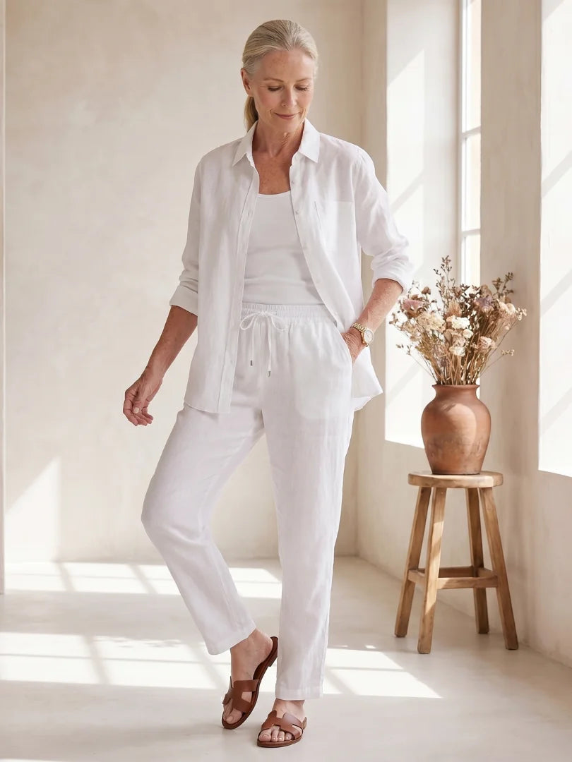 White Women's Two-Piece Set With Tapered Pants — Faye Lightweight Linen Button-Front - Walking Pose