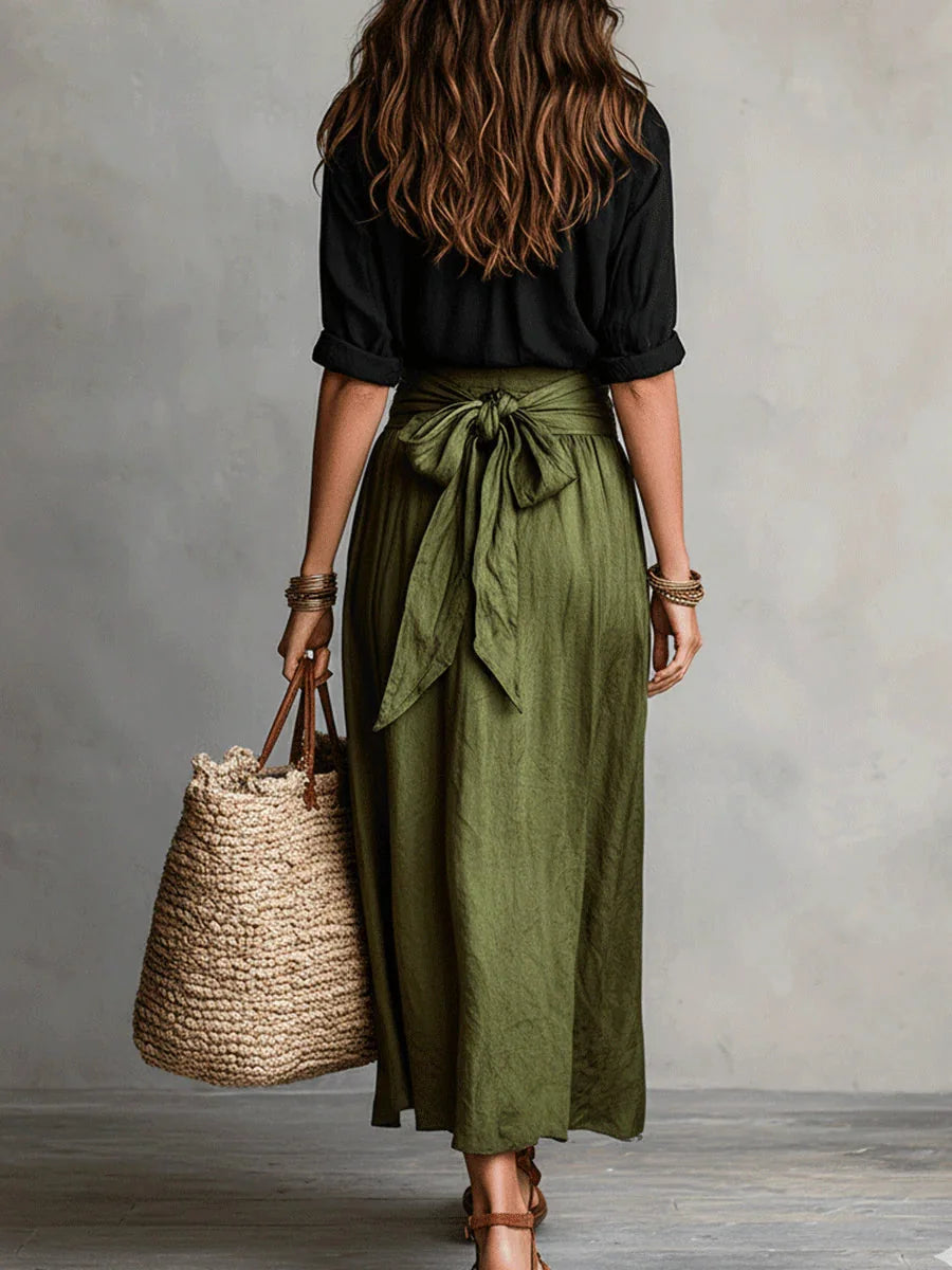Black Women's Two-Piece Top and Midi Skirt Set in Linen with Tie-Waist Detail — Ruby - Green Back Detail