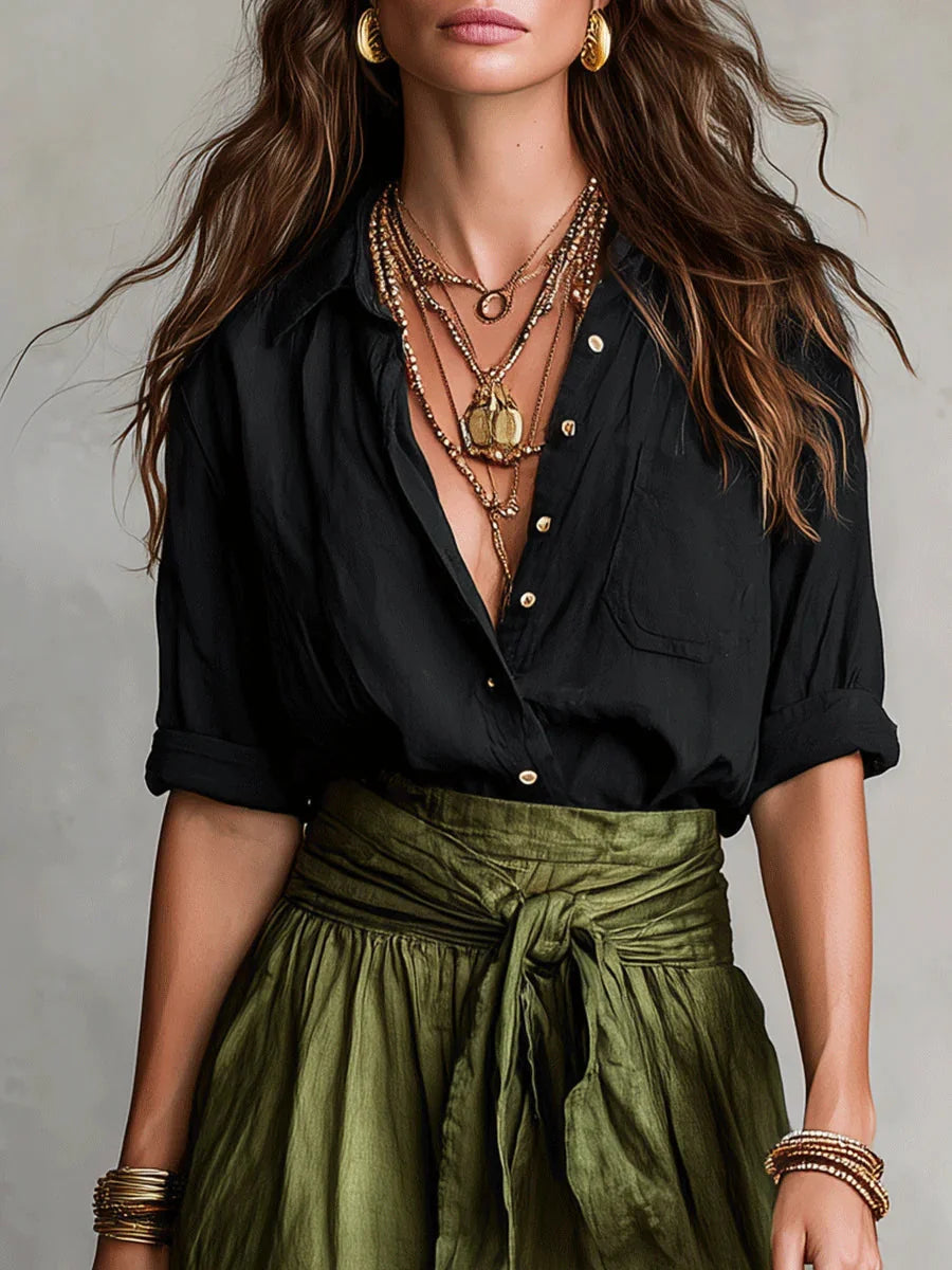 Black Women's Two-Piece Top and Midi Skirt Set in Linen with Tie-Waist Detail — Ruby - Green Close Up Neckline