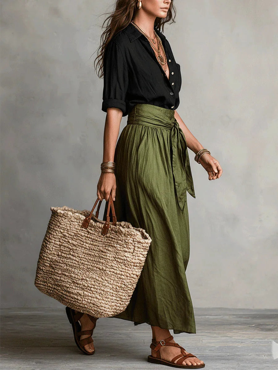 Black Women's Two-Piece Top and Midi Skirt Set in Linen with Tie-Waist Detail — Ruby - Green Side Pose