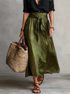 Black Women's Two-Piece Top and Midi Skirt Set in Linen with Tie-Waist Detail — Ruby - Green Skirt Detail