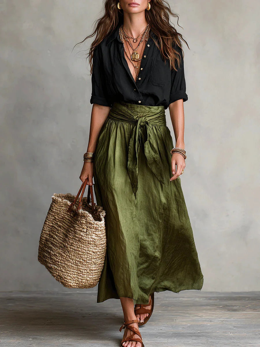 Black Green Women's Two-Piece Top and Midi Skirt Set in Linen with Tie-Waist Detail