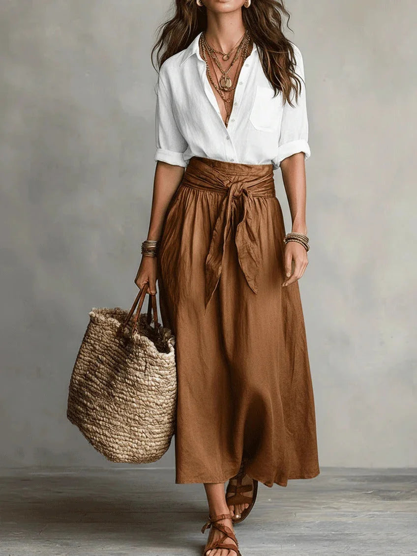 Brown Women's Two-Piece Top and Midi Skirt Set in Linen with Tie-Waist Detail