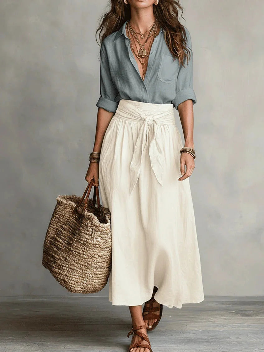 Light Blue Women's Two-Piece Top and Midi Skirt Set in Linen with Tie-Waist Detail