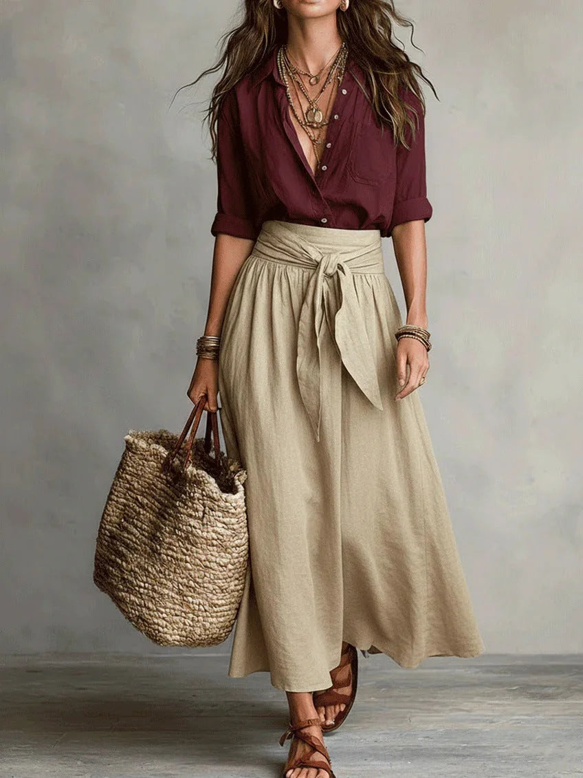 Red Women's Two-Piece Top and Midi Skirt Set in Linen with Tie-Waist Detail