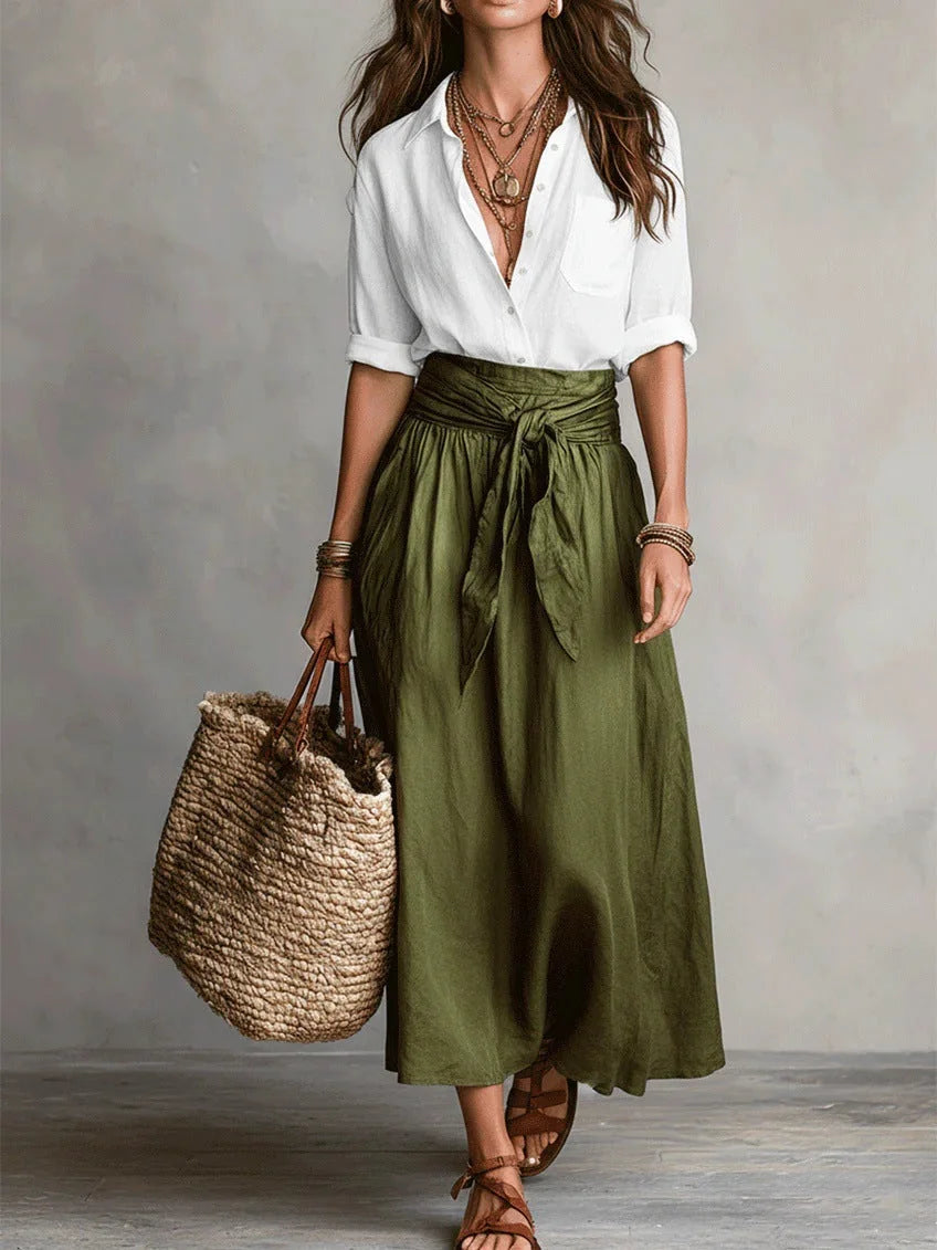 White Women's Two-Piece Top and Midi Skirt Set in Linen with Tie-Waist Detail