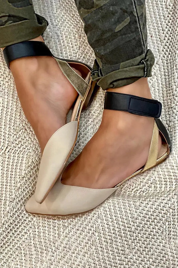 Khaki Women's Two-Tone Leather Flats — Aubrey Cushioned Ankle-Strap Pointed-Toe - Side Pose