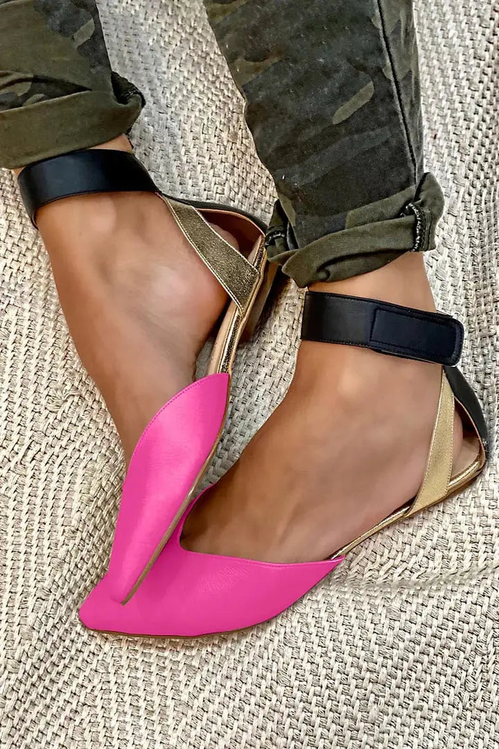 Pink Women's Two-Tone Leather Flats — Aubrey Cushioned Ankle-Strap Pointed-Toe - Worn Lifestyle