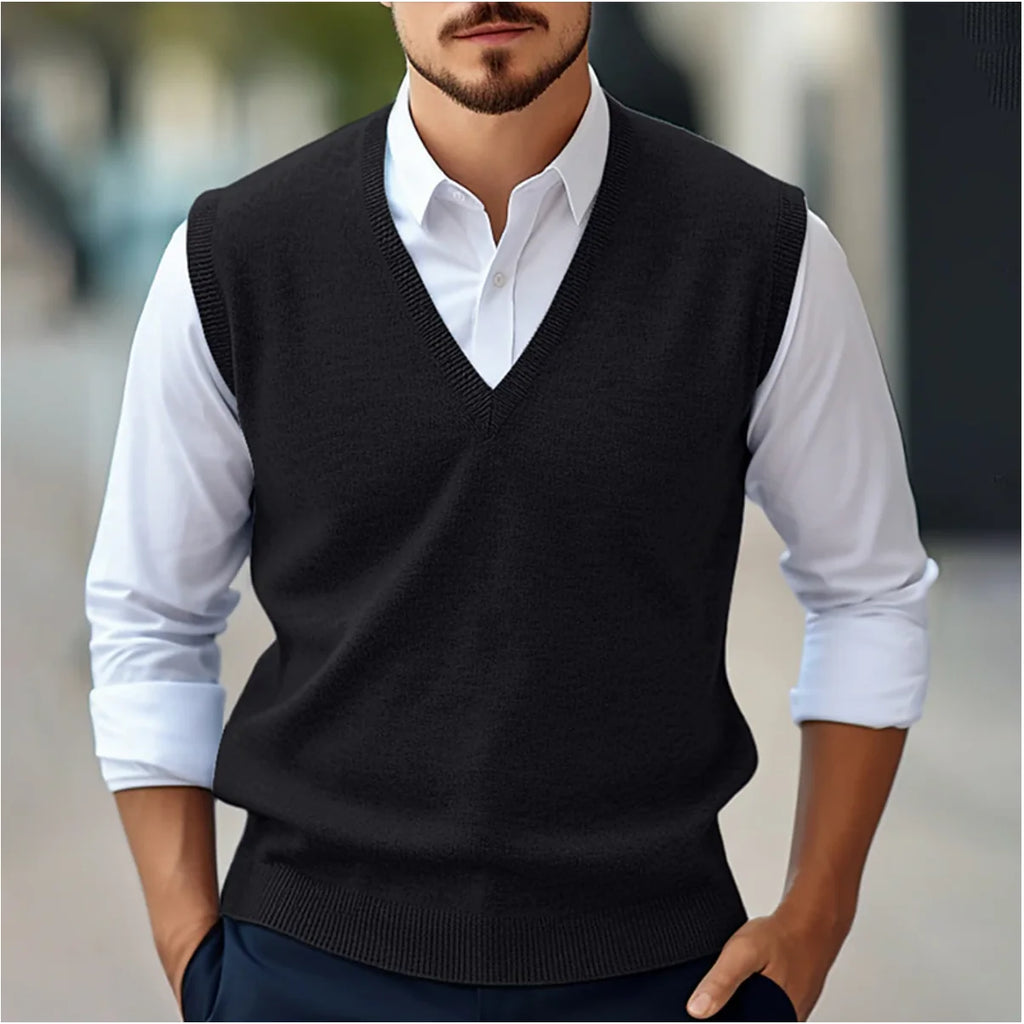 Black Men's V-Neck Knit Vest with Ribbed Trim & Sleeveless Design — Cole