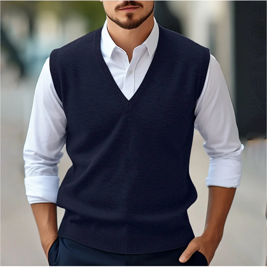Blue Men's V-Neck Knit Vest with Ribbed Trim & Sleeveless Design — Cole