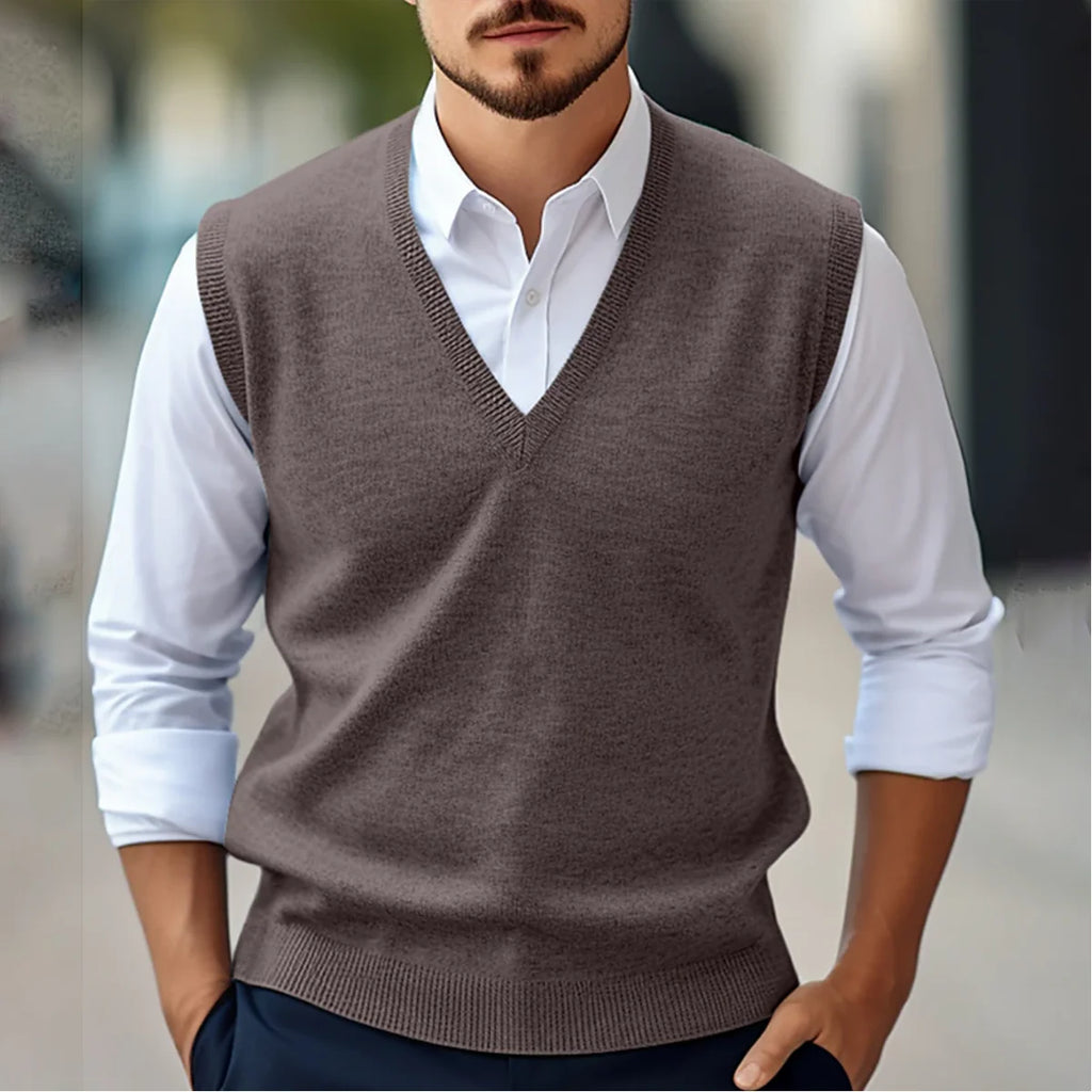 Brown Men's V-Neck Knit Vest with Ribbed Trim & Sleeveless Design — Cole