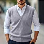 Grey Men's V-Neck Knit Vest with Ribbed Trim & Sleeveless Design — Cole