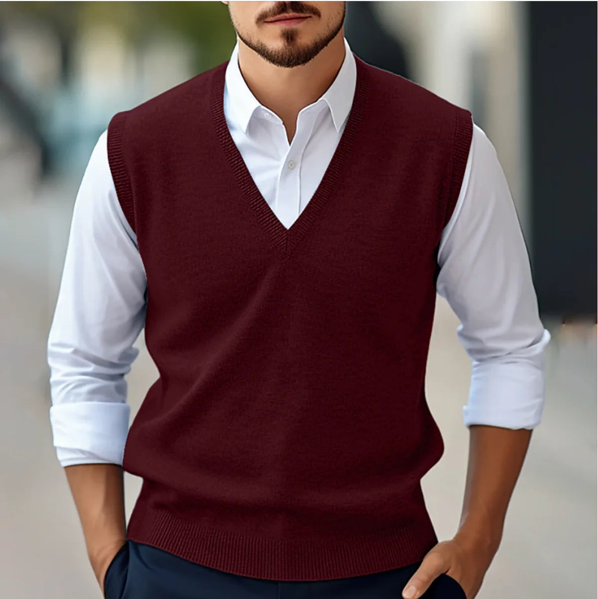 Red Men's V-Neck Knit Vest with Ribbed Trim & Sleeveless Design — Cole