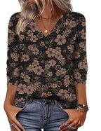 Black Women's V-Neck Tunic Top — Tia Three-Quarter Sleeve Floral Relaxed - Front Floral