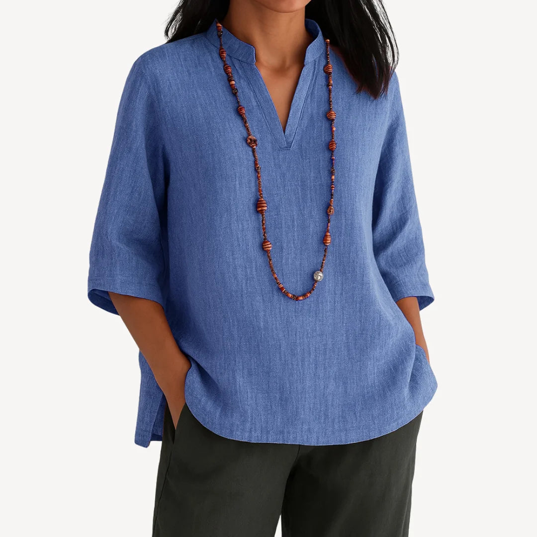 Blue Women's V-Neck Tunic Top — Alexis Linen Relaxed Fit Three-Quarter Sleeve - Front Full