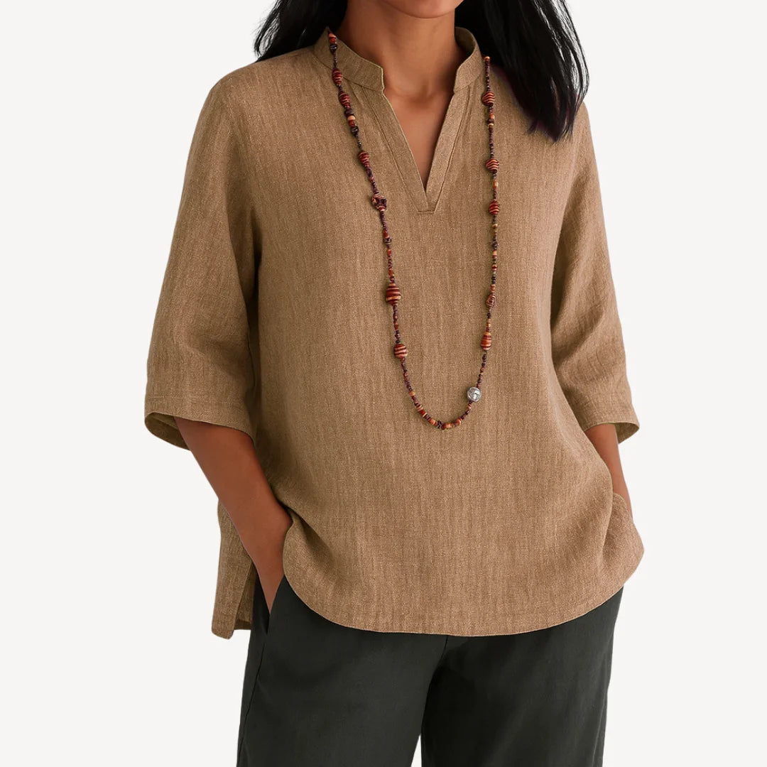 Brown Women's V-Neck Tunic Top — Alexis Linen Relaxed Fit Three-Quarter Sleeve - Front Studio