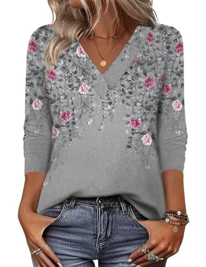 Gray Women's V-Neck Tunic Top — Tia Three-Quarter Sleeve Floral Relaxed - Front Floral