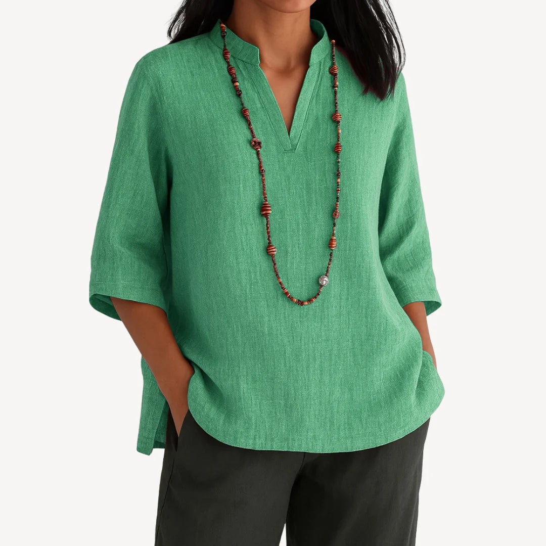 Green Women's V-Neck Tunic Top — Alexis Linen Relaxed Fit Three-Quarter Sleeve - Front Closeup