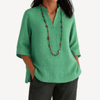 Green Women's V-Neck Tunic Top — Alexis Linen Relaxed Fit Three-Quarter Sleeve - Front Closeup