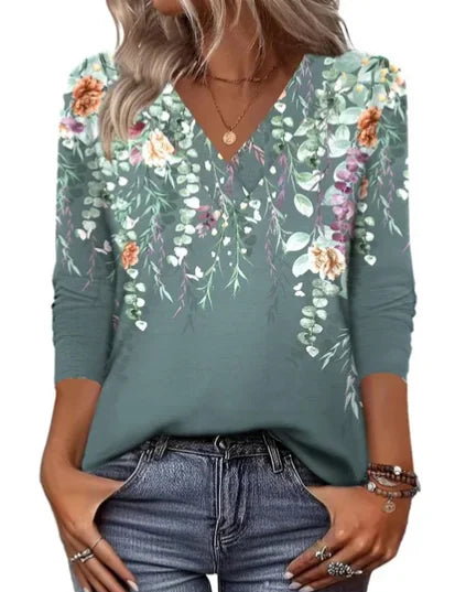 Green Women's V-Neck Tunic Top — Tia Three-Quarter Sleeve Floral Relaxed - Front Floral